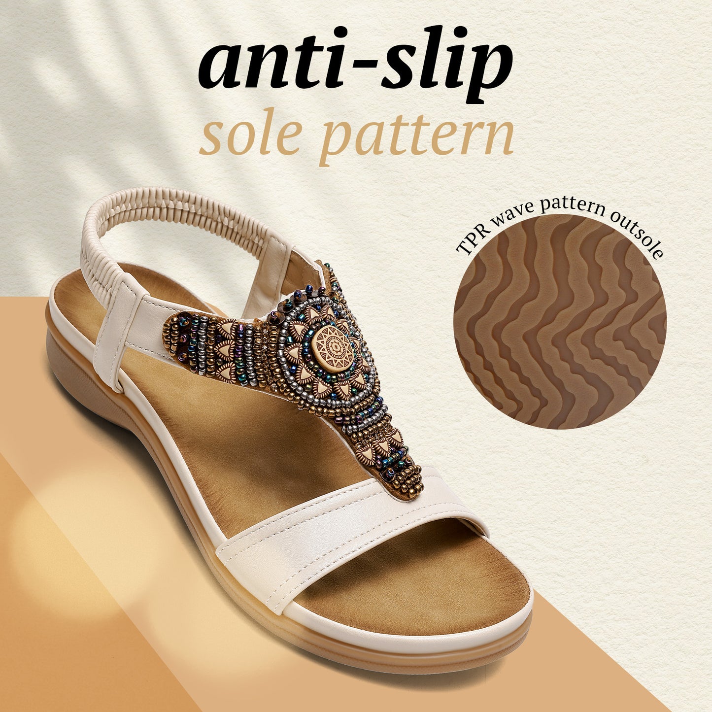 Littleplum Women Arch Support Bohemian Beaded Elastic Ankle Flat Sandals