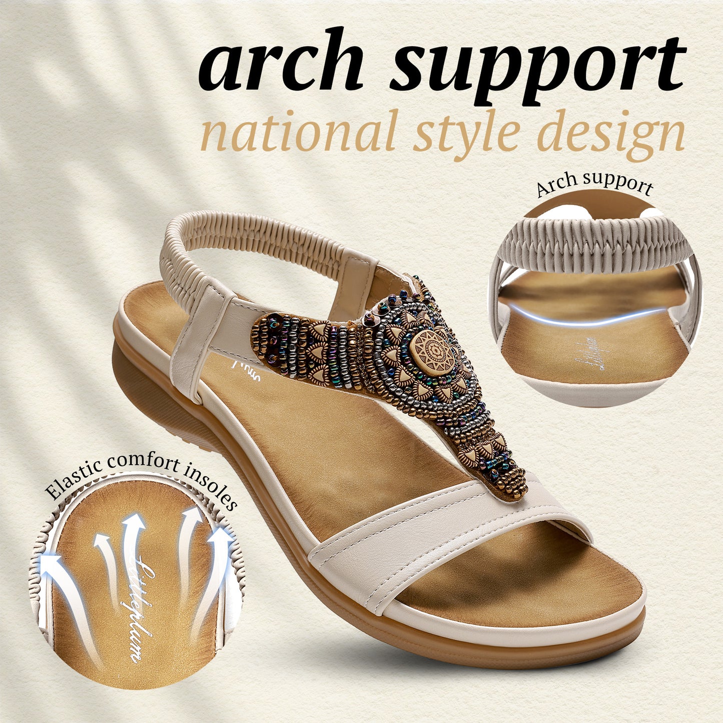 Littleplum Women Arch Support Bohemian Beaded Elastic Ankle Flat Sandals