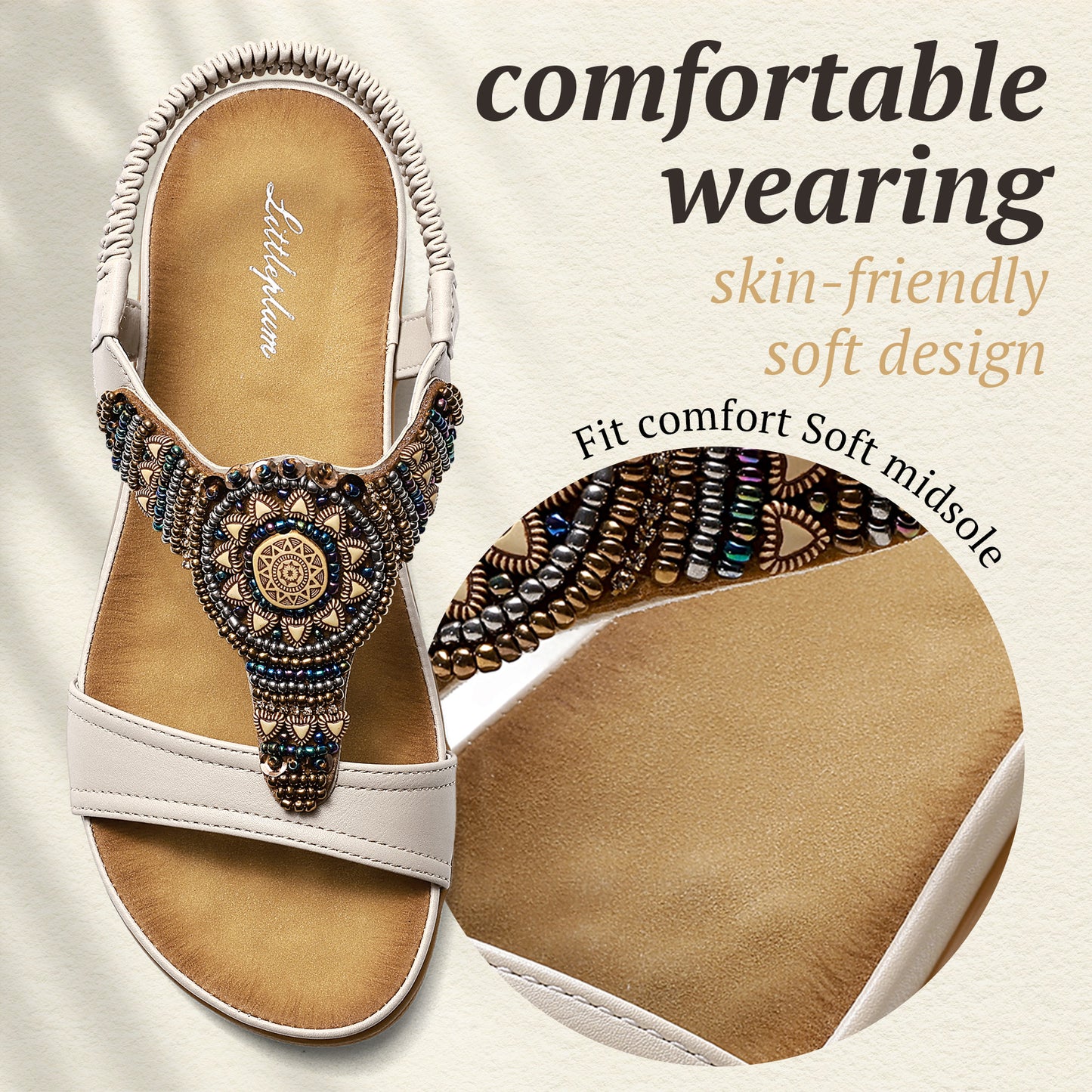 Littleplum Women Arch Support Bohemian Beaded Elastic Ankle Flat Sandals