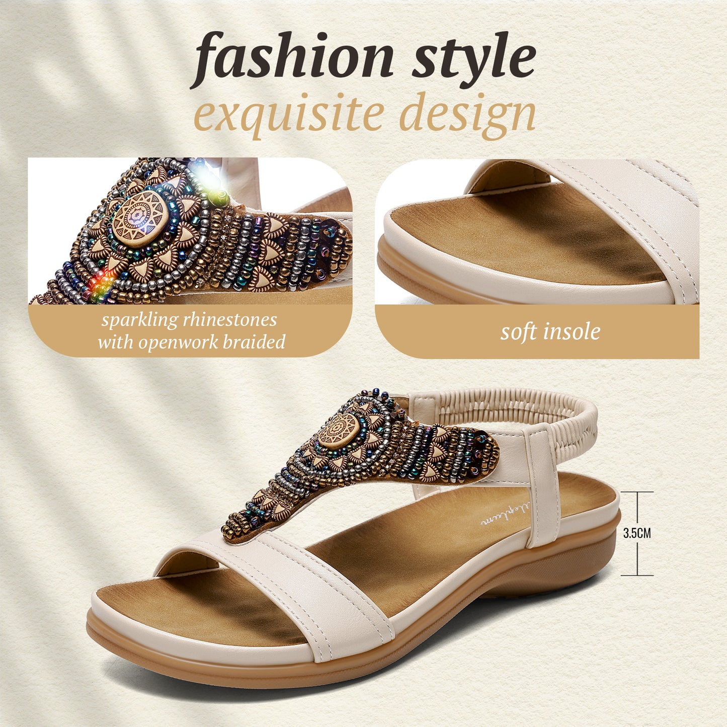 Littleplum Women Arch Support Bohemian Beaded Elastic Ankle Flat Sandals