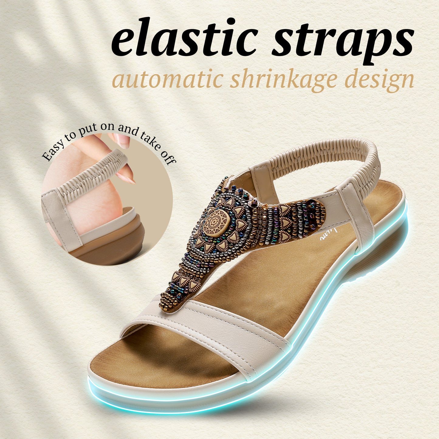 Littleplum Women Arch Support Bohemian Beaded Elastic Ankle Flat Sandals