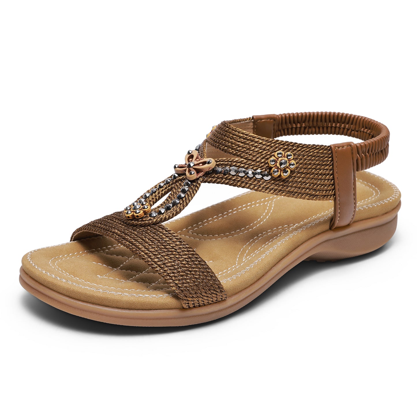 Littleplum Women's Wide Width Arch Support Sandals Bohemian Rhinestone Flat Summer Shoes with Elastic Strap