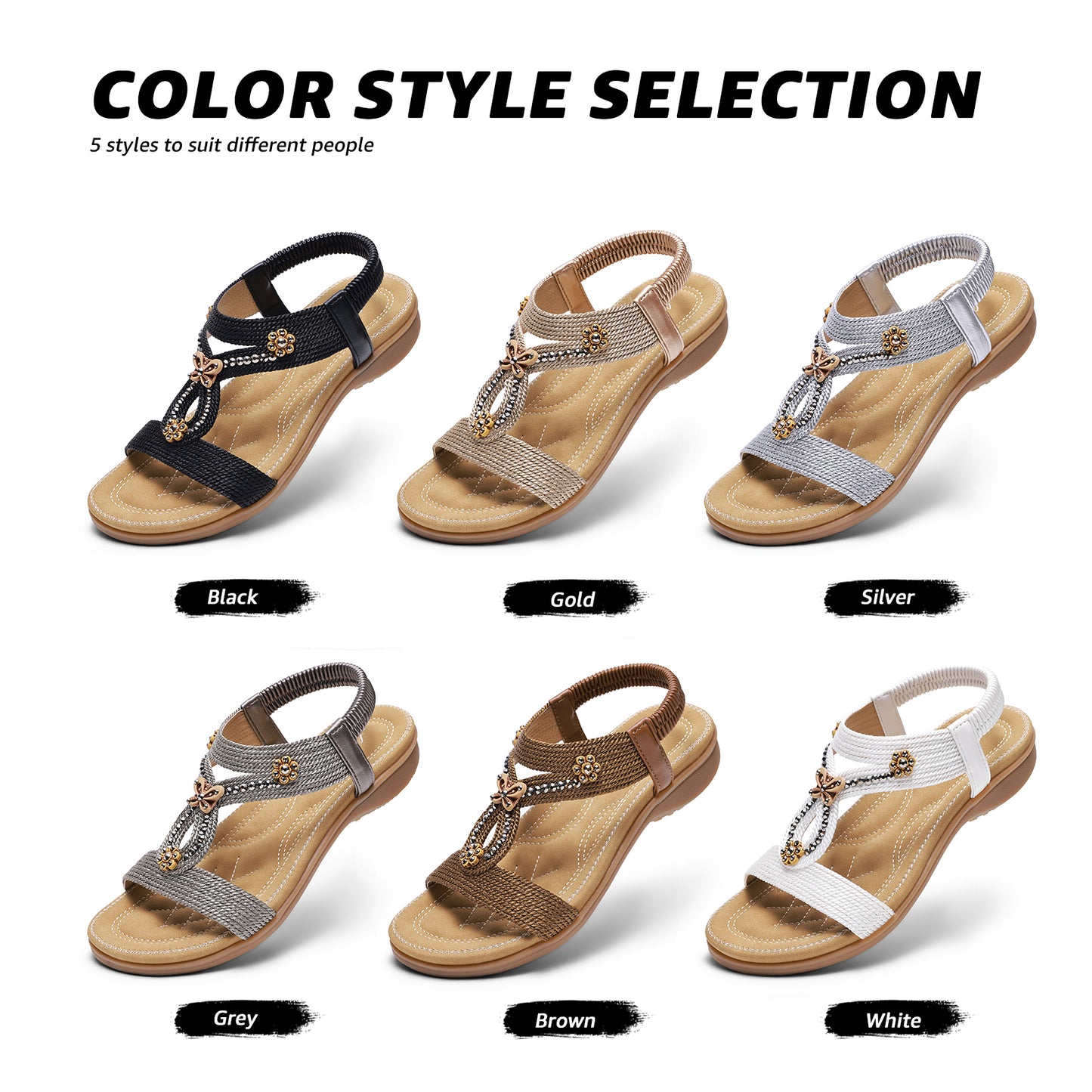 Littleplum Women's Wide Width Arch Support Sandals Bohemian Rhinestone Flat Summer Shoes with Elastic Strap