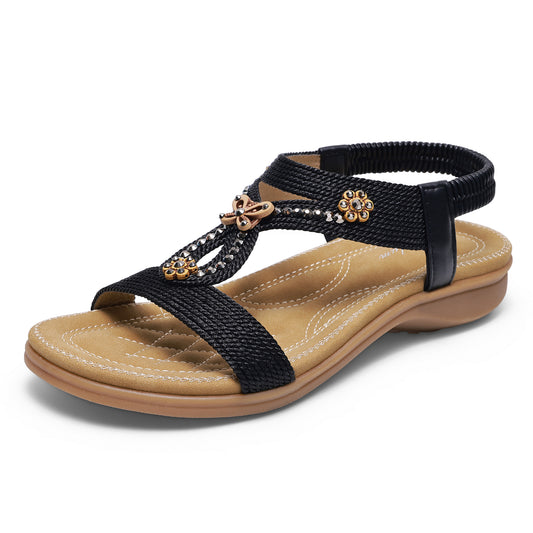 Littleplum Women's Wide Width Arch Support Sandals Bohemian Rhinestone Flat Summer Shoes with Elastic Strap