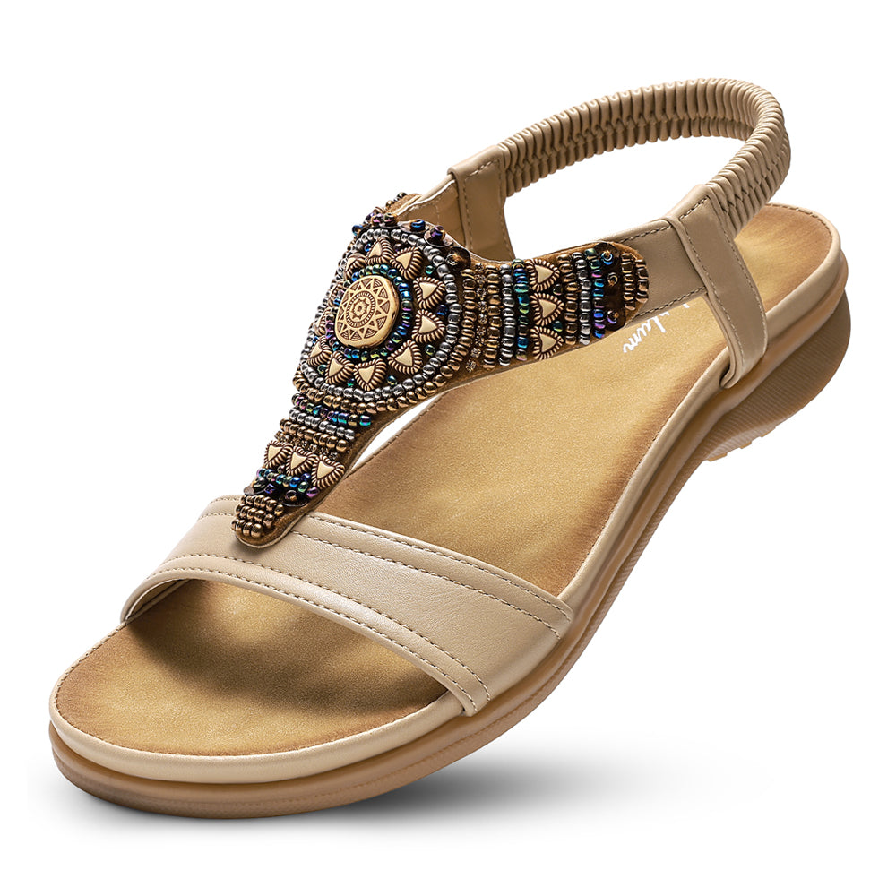 Littleplum Women Arch Support Bohemian Beaded Elastic Ankle Flat Sandals