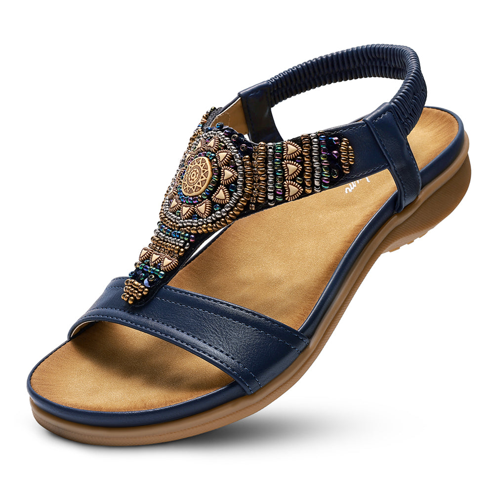 Littleplum Women Arch Support Bohemian Beaded Elastic Ankle Flat Sandals