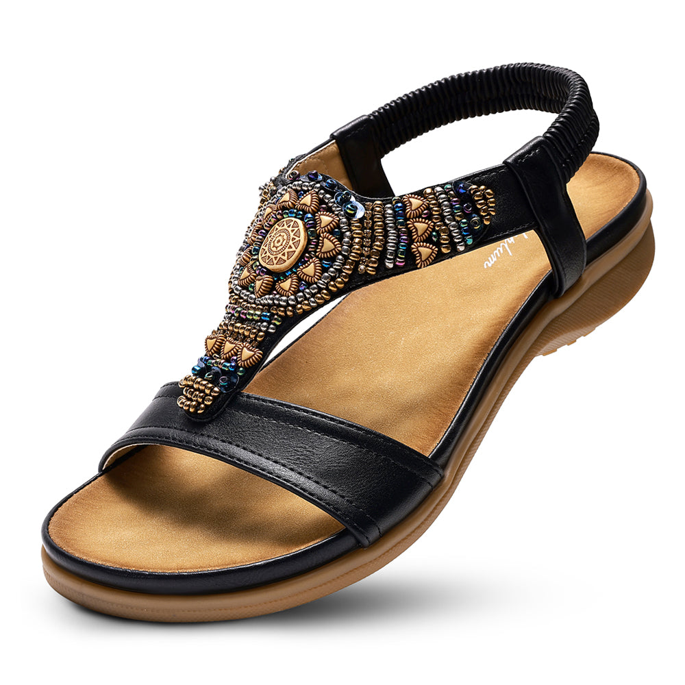 Littleplum Women Arch Support Bohemian Beaded Elastic Ankle Flat Sandals