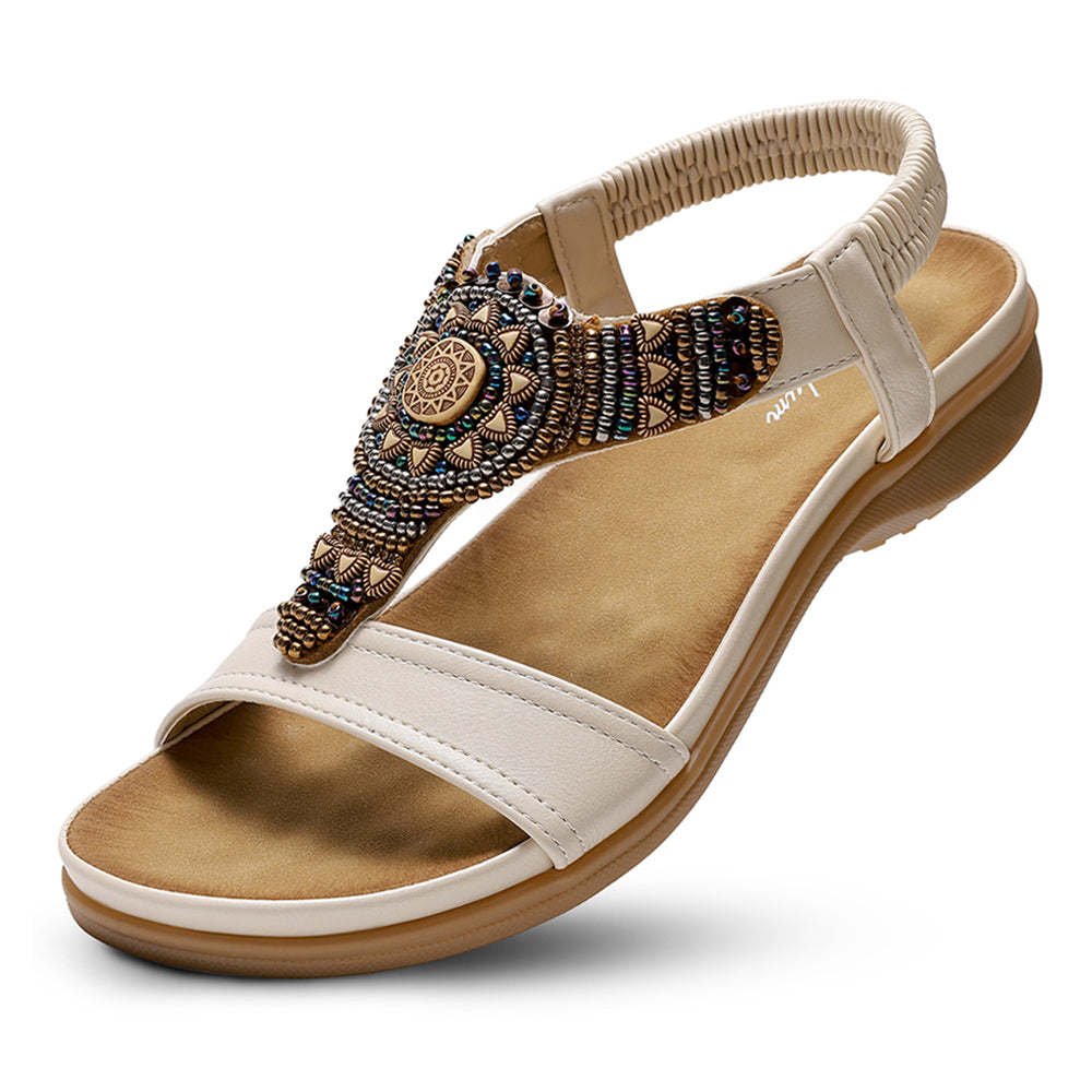 Littleplum Women Arch Support Bohemian Beaded Elastic Ankle Flat Sandals