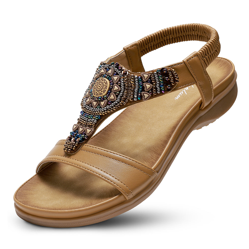 Littleplum Women Arch Support Bohemian Beaded Elastic Ankle Flat Sandals