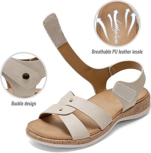 Littleplum Women Arch Support Open Toe Adjustable Flat Sandals