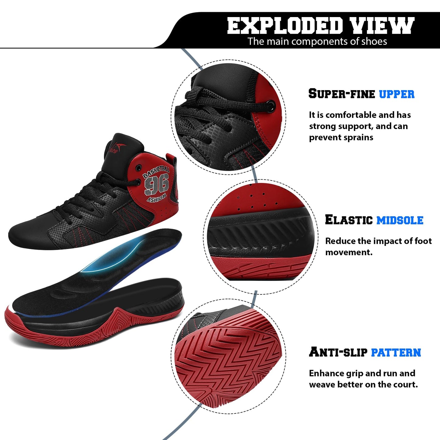 ASHION Unisex Kids High Top Basketball Shoes Breathable Cushion Sneakers